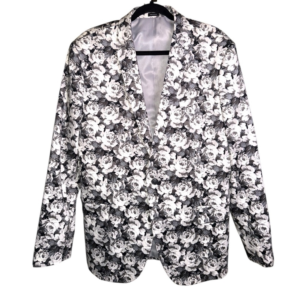 JF J Ferrar Black White Floral Slim Fit Blazer Jacket Size 46R Modern Statement - Picture 2 of 8